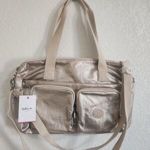 Kipling Cyrene Crossbody Satchel Carry-on Duffle Bag Sparkly Gold